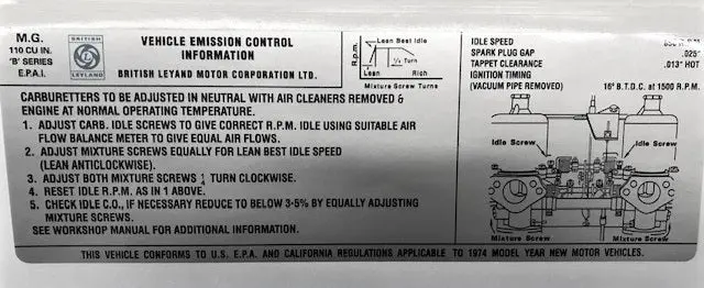Mgb Emissions Decal -1974, Hif, Silver 1