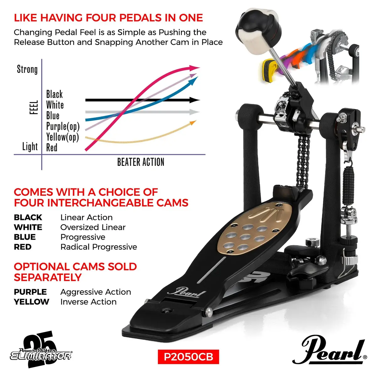 Pearl 25Th Anniversary Eliminator Redline Single Bass Drum Pedal Black P-2050C/B Limited Edition 2