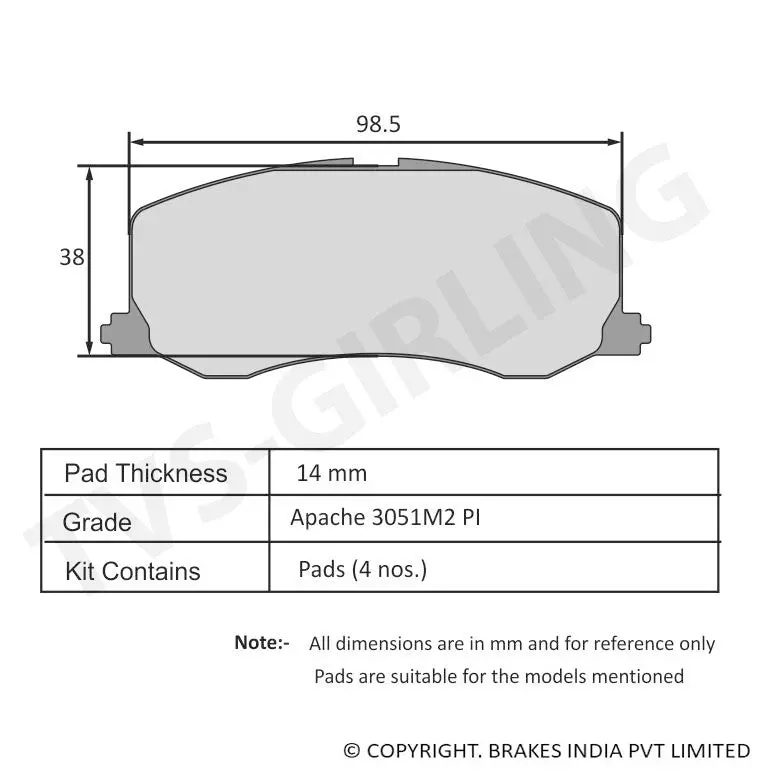 Tvs Apache Brake Pad Maruti 1000 Cc ( Solid Disc ) 29932028Bv 1