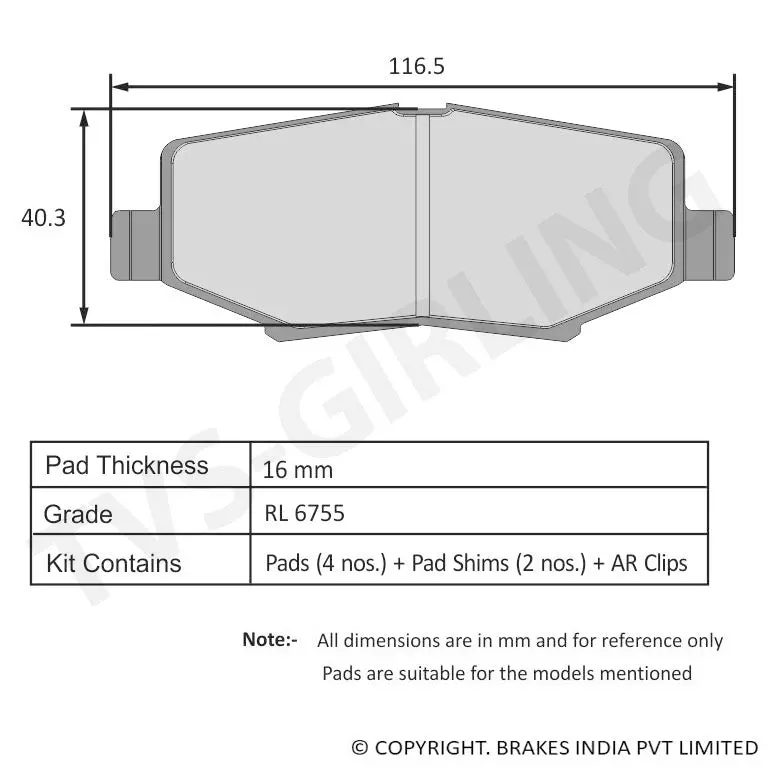 Tvs Apache Brake Pad Tml Aria / Hexa / Safari Strome 29932238 1