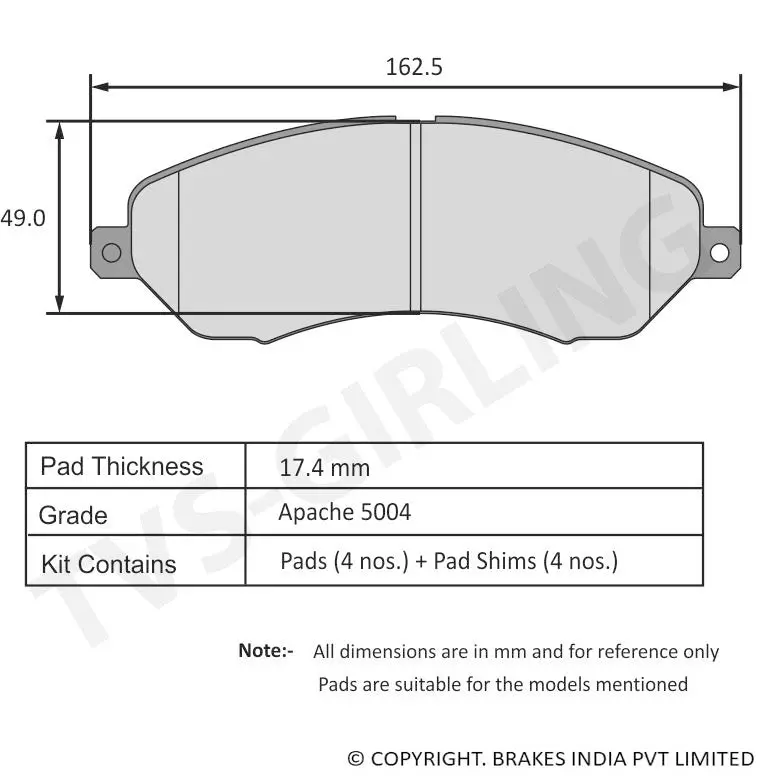 Tvs Apache Brake Pad Tml Safari Dicor 2.2Lts / Yodha / Xenon 29932372 1