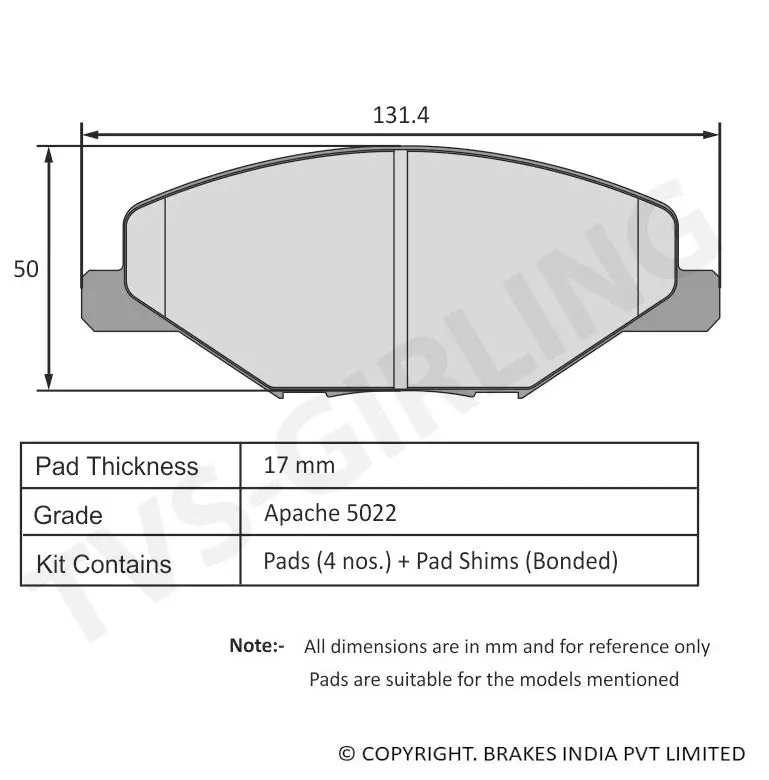 Tvs Apache Brake Pad Vw 
Skoda Fabia / Rapid / Ameo/ Polo / Vento 29932547 1