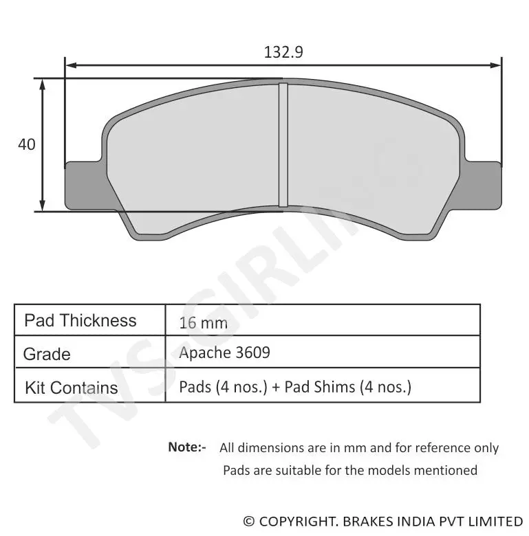 Tvs Apache Brake Pad Tiago / Tigor (Non Girling Type) 29932894 1