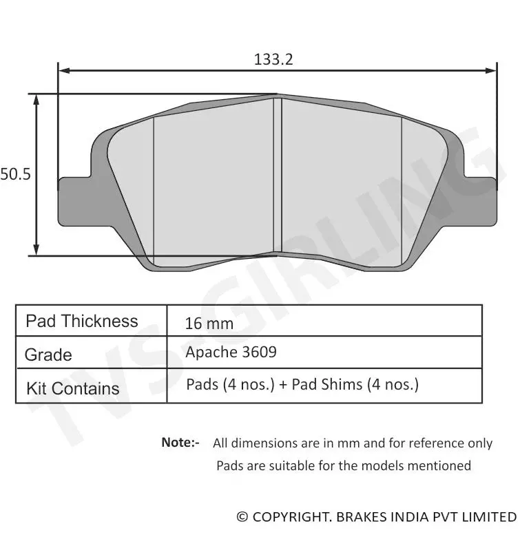 Tvs Apache Brake Pad Nexon / Zest / Bolt 29932906 1