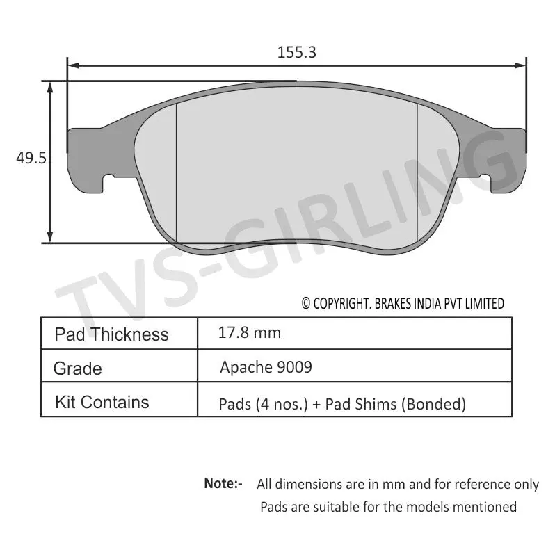 Tvs Apache Brake Pad Renault Kicks / Terrano / Duster / Lodgy / Captur 29932994 1