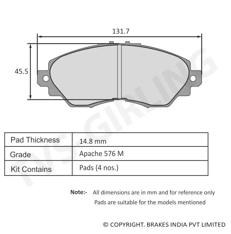 Tvs Apache Brake Pad Honda Amaze (Prior 2018) / Brio / City (2004-2008) 29937900 1