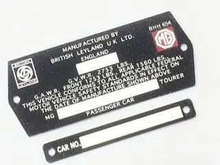 Car Number Plate, Mgb, 2 Piece Set 1