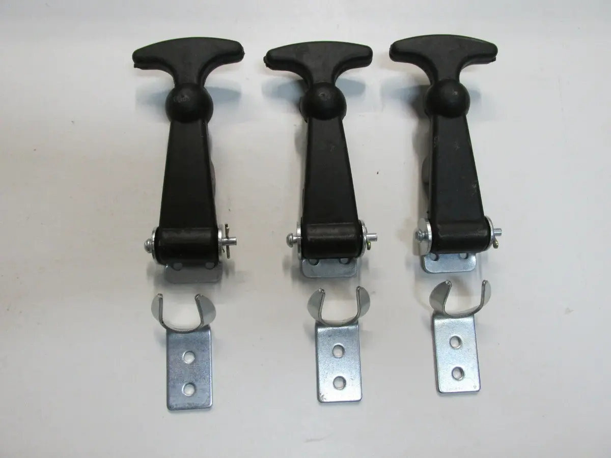 (3) Hold Down Hood Latch Kit Black Rubber Plated Steel With Easy Grip T-Handle 1