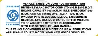 Mgb Emissions Decal - 1970 1