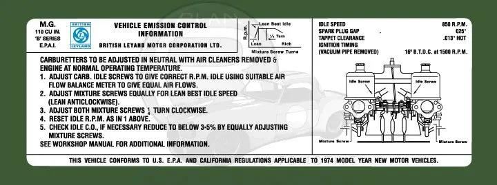 Mgb Emissions Label -1974, Hs4 Carbs 1