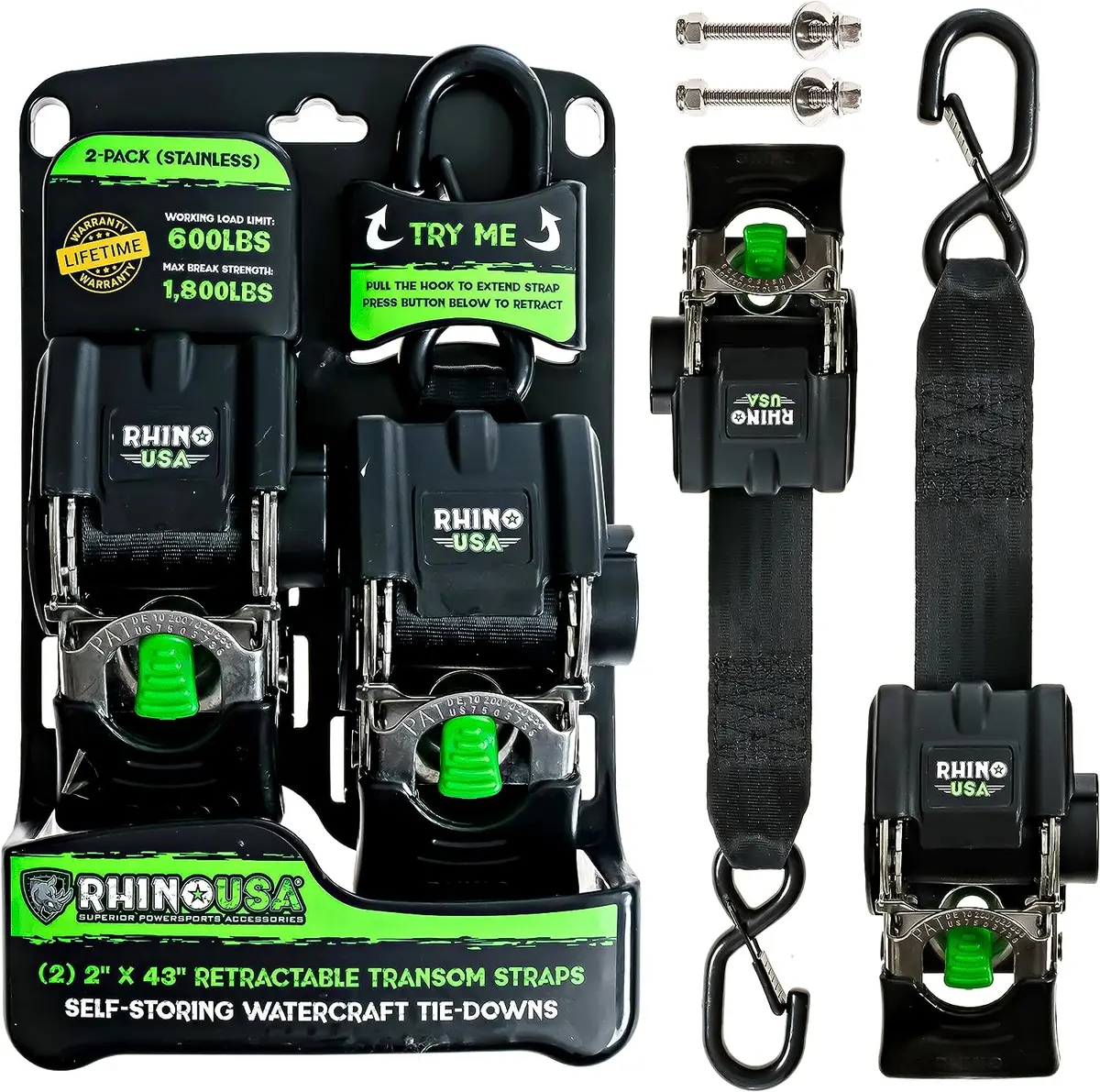 2" X 43" Retractable Transom Tie-Down Straps (2-Pack) 1