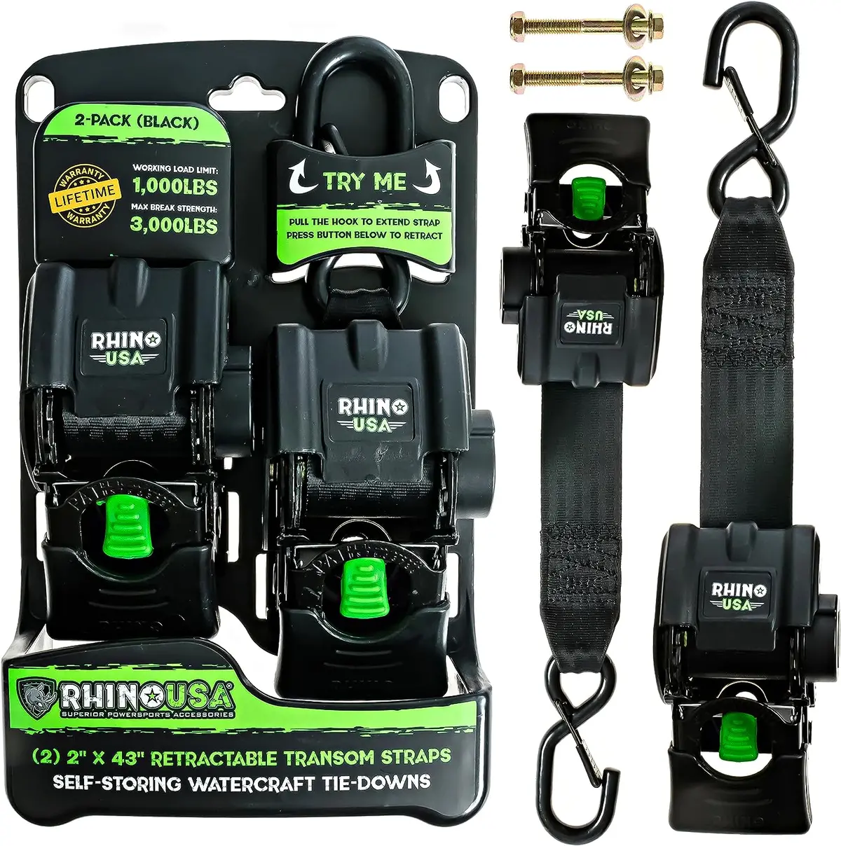 2" X 43" Retractable Transom Tie-Down Straps (2-Pack) 2