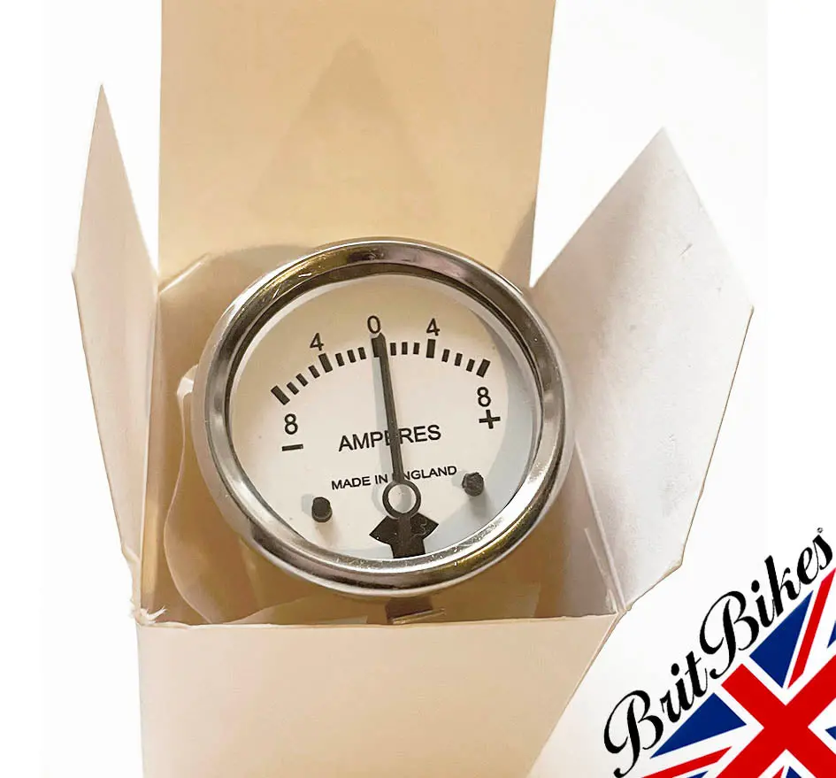 Ammeter 1-3/4" Diameter - White Dial With Chrome Bezel - Reading 8-0-8 - 8 Amp 1