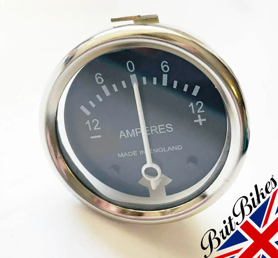 Ammeter 1-3/4" Diameter Black Dial Chrome Bezel 12-0-12 - 12Amp Made In England 1