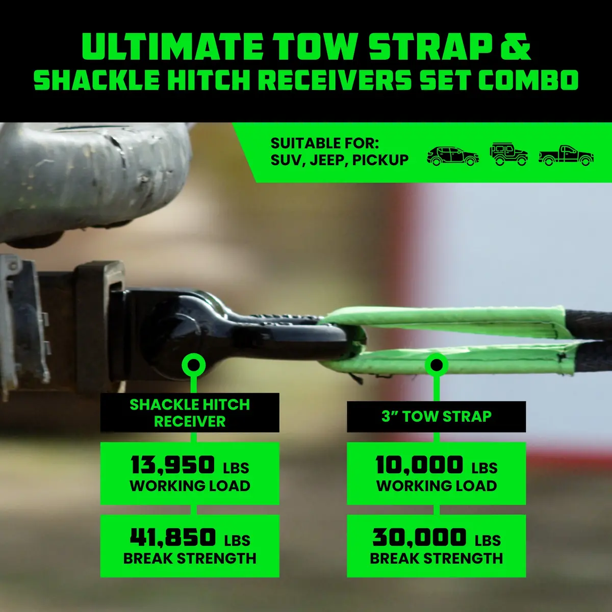 30' Tow Strap & Shackle Hitch Receiver Combo 2