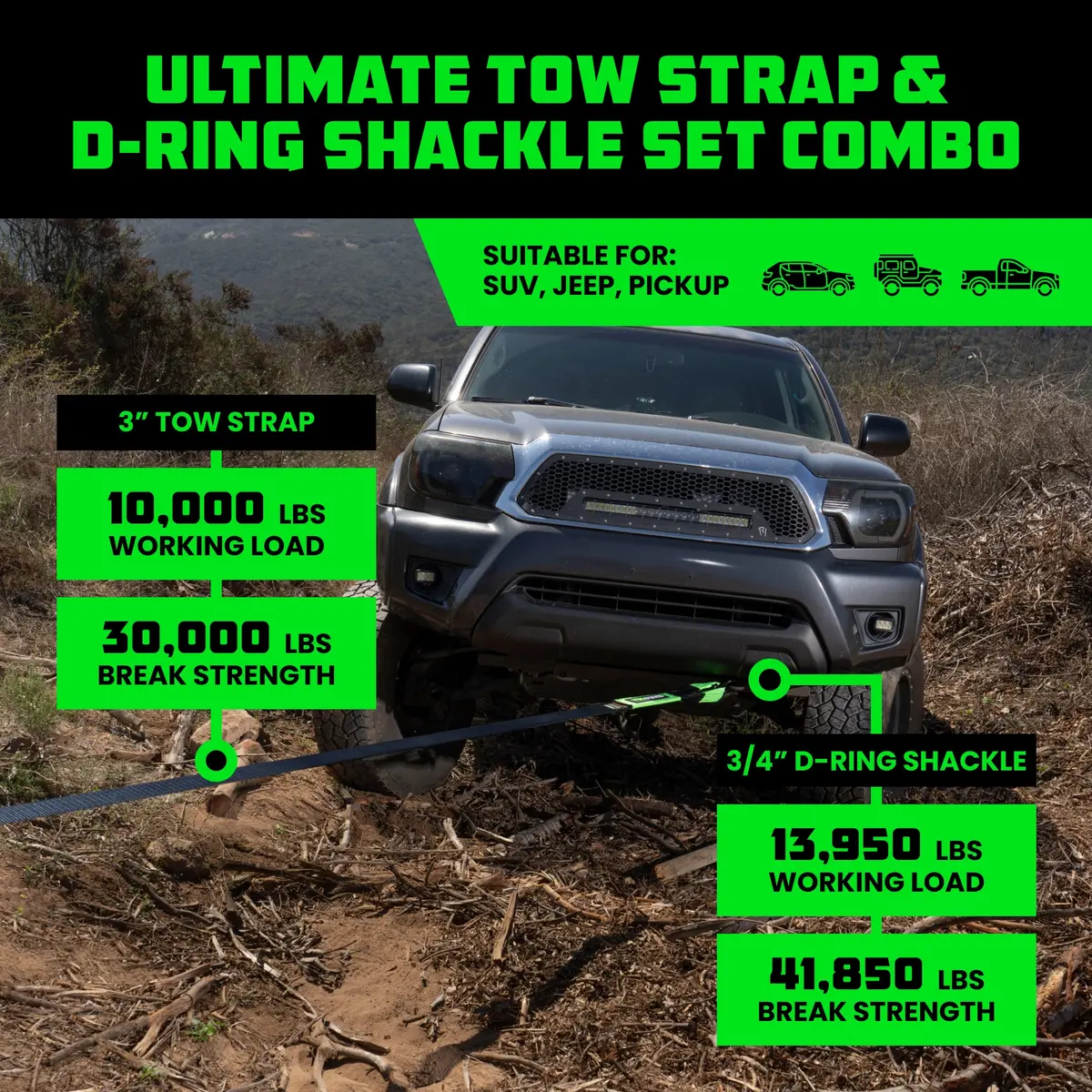 20' Tow Strap & D-Ring Shackle Set Combo 2