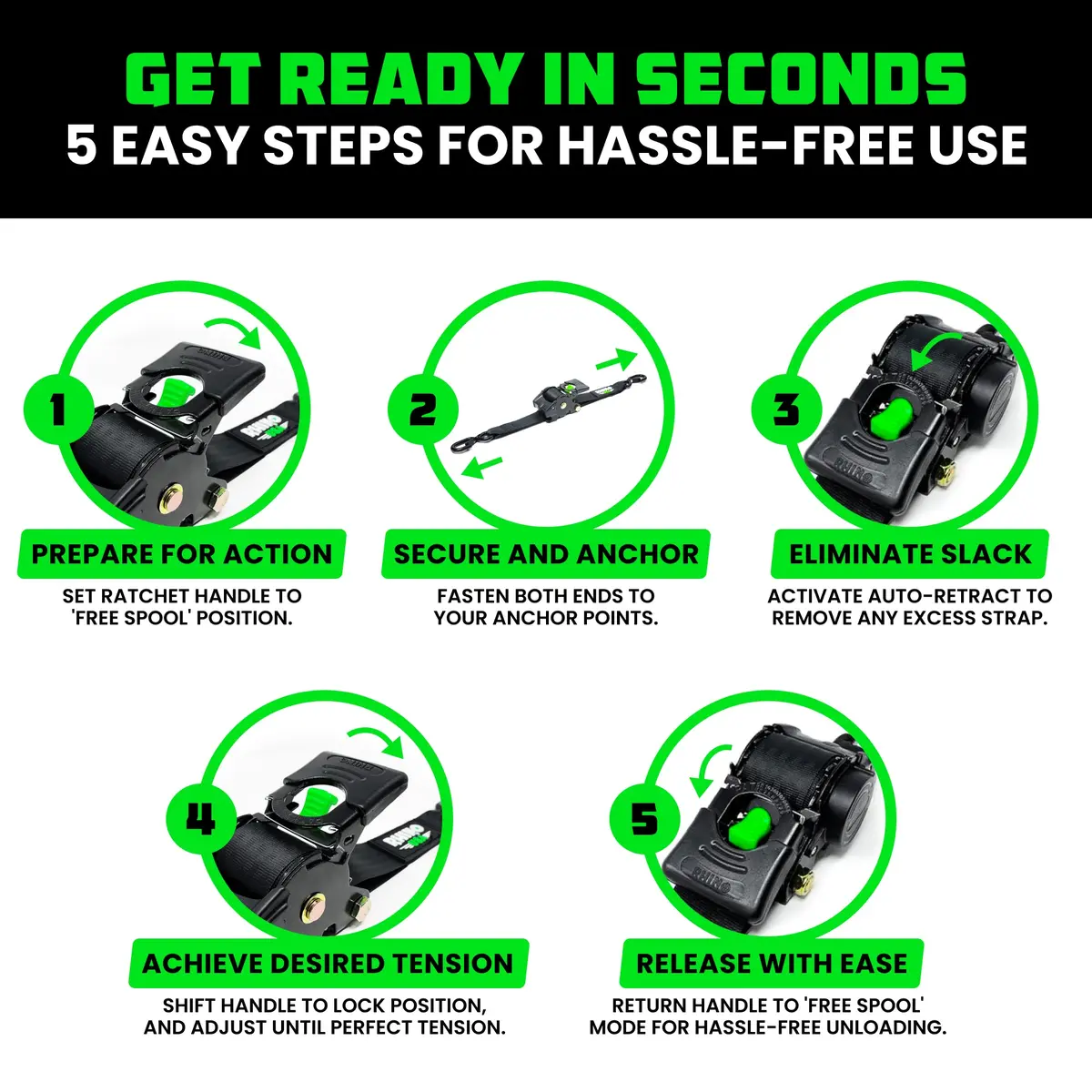 1" X 10' Retractable Ratchet Straps 8