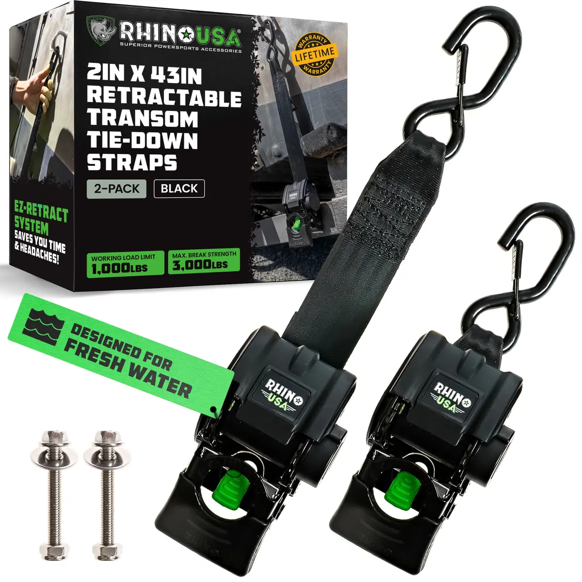 2" X 43" Retractable Transom Tie-Down Straps (2-Pack) 2