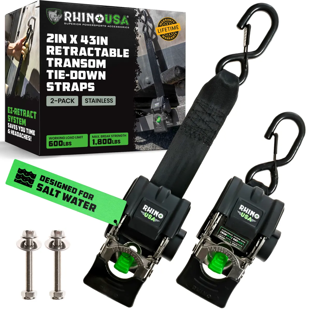 2" X 43" Retractable Transom Tie-Down Straps (2-Pack) 1